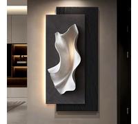 Décoration murale LED 3D avec lumière - Décoration murale moderne texturée en grès pour salon, grand tableau sans cadre avec fausse verdure et vase d'eau, alimentation secteur (gris, 140 x 70 cm / 55,