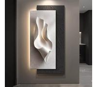 Décoration murale LED 3D avec lumière - Décoration murale moderne texturée en grès pour salon, grand tableau sans cadre avec fausse verdure et vase d'eau, alimentation secteur (Blanc-b, 140 x 70 cm /