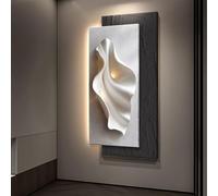 Décoration murale LED 3D avec lumière - Décoration murale moderne texturée en grès pour salon, grand tableau sans cadre avec fausse verdure et vase d'eau, alimentation secteur (blanc, 100 x 50 cm / 39