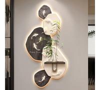 Décoration murale LED 3D lumineuse, style grès moderne texturé avec carpes koï et fausse verdure, grande décoration murale rétroéclairée pour salon, chambre, entrée (Gris-B, 100 x 50 cm / 39,4 x 19,7
