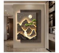 Décoration murale LED en grès représentant un paysage chinois, sculpture murale 3D lumineuse à brancher, tableau décoratif oriental traditionnel à suspendre, pour salon ou chambre (Or-A, 50 x 70 cm /