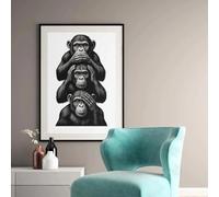 Décoration murale Les Trois Singes de la Sagesse, illustration en noir et blanc, affiche « Ne rien voir, ne rien entendre, ne rien dire », animal imprimable, 40 x 60 cm (16 x 24 pouces), sans cadre