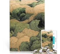 Décoration Murale Minimaliste à Vagues Vert Sauge et Or, Style rétro Japonais Puzzles de 1000 pièces pour Adultes Jeu Stimulant Œuvre d'art 38x26cm