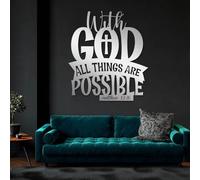 Décoration Murale Minimaliste Moderne en métal « avec Dieu, Tout est Possible », Verset biblique, Inspiration chrétienne, à Suspendre, Religieux (Argent, 70 x 62 cm)