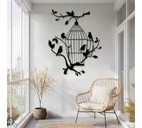 Décoration Murale Minimaliste Moderne en métal, Cage à Oiseaux, Oiseaux sur Une Branche, Nature, à Suspendre dans Un Arbre, pour Le Salon (Noir, 47 x 37 cm)