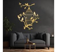 Décoration Murale Minimaliste Moderne en métal, Cage à Oiseaux, Oiseaux sur Une Branche, Nature, à Suspendre dans Un Arbre, décoration pour Salon (Or, 105 x 82 cm)