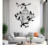 Décoration Murale Minimaliste Moderne en métal, Cage à Oiseaux, Oiseaux sur Une Branche, Nature, à Suspendre dans Un Arbre, décoration pour Salon (Noir, 60 x 47 cm)