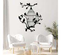 Décoration Murale Minimaliste Moderne en métal, Cage à Oiseaux, Oiseaux sur Une Branche, Nature, à Suspendre dans Un Arbre, pour Le Salon (Noir, 121 x 95 cm)