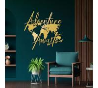 Décoration Murale Minimaliste Moderne en métal, Carte du Monde « L'Aventure Vous Attend », Grande œuvre d'art représentant Une Carte du Monde, décoration intérieure pour la Maison ou Le Bureau (doré,