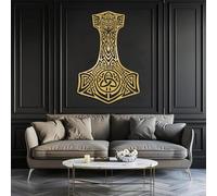 Décoration Murale Minimaliste Moderne en métal : Marteau de Thor, Mjolnir, Symbole Celtique, Viking et de la mythologie Nordique, à Suspendre dans Le Salon ou la Chambre (doré, 90 x 61 cm)