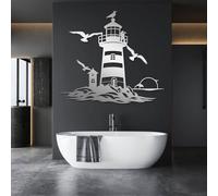 Décoration Murale Minimaliste Moderne en métal, Motif Phare, océan, Mouette, Vague et Dauphin, à Suspendre, pour Salle de Bain (Argent, 70 x 62 cm)