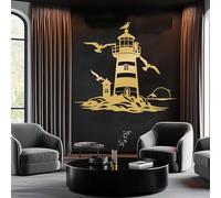 Décoration Murale Minimaliste Moderne en métal, Motif Phare, océan, Mouette, Vague et Dauphin, à Suspendre, pour Salle de Bain (doré, 105 x 94 cm)