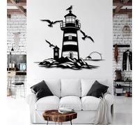 Décoration Murale Minimaliste Moderne en métal, Motif Phare, océan, Mouette, Vague et Dauphin, à Suspendre, pour Salle de Bain (Noir, 60 x 53 cm)