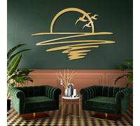 Décoration Murale Minimaliste Moderne en métal représentant Un Coucher de Soleil sur l'océan à l'horizon, avec Soleil et mouettes, sur Une Plage aux Lignes abstraites (Or 48 x 76 c