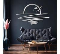 Décoration Murale Minimaliste Moderne en métal représentant Un Coucher de Soleil sur l'océan à l'horizon, avec Soleil et mouettes, sur Une Plage aux Lignes abstraites (Argent 26" x