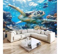 Décoration murale moderne 3D bleue non tissée représentant des tortues marines dans un monde sous-marin, effet 3D, pour chambre, salon, bureau, couloir, fond d'écran TV, 400 cm x 280 cm Affiche - Gicl
