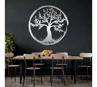 Décoration Murale Moderne et Minimaliste en métal, Arbre de Vie, Famille Zen, Ronde, pour Chambre (Argent 32"x32"|80x80cm)
