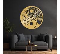 Décoration Murale Moderne et Minimaliste en métal, Arbre de Vie Yin Yang Méditation Familiale, Ronde, Chambre (39"x39"|100x100cm Or)