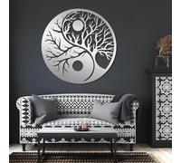 Décoration Murale Moderne et Minimaliste en métal, Arbre de Vie Yin Yang Méditation Familiale Ronde pour Chambre (35"x35"|90x90cm Argent)