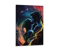 Décoration murale moderne sur toile pour chambre à coucher - Poster de personnage qui s'embrassent sous une lumière et une ombre colorées - Créez une atmosphère d'amour rêveuse pour chambre à coucher