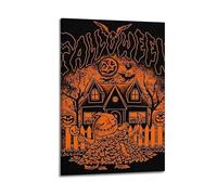 Décoration murale moderne sur toile pour la maison, affiches esthétiques d'espace de vie, affiches d'Halloween, monstre citrouille jouant avec des feuilles tombées devant une cabane vintage