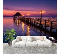 Décoration Murale Murale Papier Peint 350x256cm RéFlexion Sur La JetéE Au CréPuscule Protection UV Poster Mural Intissé Rose Violet Poster Décoration - Salon Appartement - Photo d'art Tableaux Muraux