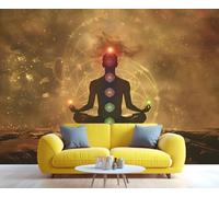 Décoration murale mystique pour la méditation et les chakras | Fresque énergétique aux symboles ésotériques | doré sur toile pour la maison et l'espace de méditation 350x250cm (Non autocollant)