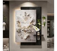 Décoration murale papillon en 3D avec éclairage LED - Sculpture-tableau en relief en grès lumineux, avec vase en verre et fleurs artificielles - Pour entrée, salon ou couloir(Black A,80*120cm)