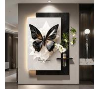 Décoration murale papillon en 3D avec éclairage LED - Sculpture-tableau en relief en grès lumineux, avec vase en verre et fleurs artificielles - Pour entrée, salon ou couloir(Black B,80*120cm)