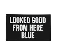 Décoration murale populaire « Looked Good From Here » : drapeau bleu double face 90 x 150 cm pour porche et tapisserie bleue « Looked Good From Here » pour salon.