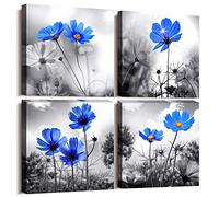 Décoration murale pour chambre à coucher simple Vie Noir et blanc Rose Bleu Fleurs sur toile Décoration murale 30,5 x 30,5 cm 3 pièces encadrée Impressions sur toile giclée d'aquarelle avec bordure noire prête à suspendre pour décoration de la maison 12x12inches*4pcs Cyan Blue Flower