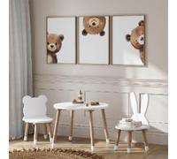 Décoration murale pour chambre d'enfant avec imprimé ours - Posters d'ours qui coucou, décoration de chambre de bébé à imprimer, animaux de la forêt, décoration intérieure (40x50cmx3/Toile tendue)