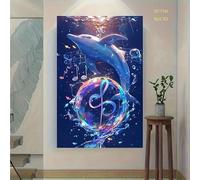 Décoration murale représentant un dauphin avec des notes de musique - Peinture sous-marine en bleu, violet, rose et turquoise - Décoration sur toile (30 x 40 cm, sans cadre)