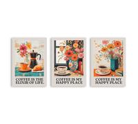 Décoration murale rétro café avec fleur - Le café est l'élixir de la vie, le café est mon endroit heureux - Décoration de voyage italienne pour cuisine, salle à manger (SKU4-3 pièces