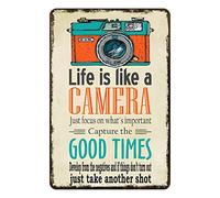 Décoration murale rétro en métal avec inscription « Life is Like A Camera » - Décoration murale amusante - Cadeau pour salon, bureau - 20,3 x 30,5 cm