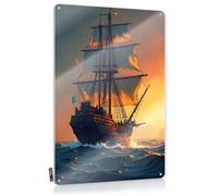 Décoration murale rétro imperméable pour balcon | Coucher de soleil doré : voyage d'un bateau pirate - Art mural décoratif à l'aspect vieilli prêt à accrocher pour salon (20 x 30 cm)