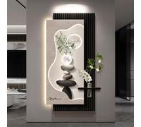 Décoration Murale Sculptée Et Peinte En 3D Avec Éclairage, Sculptures Murales LED Avec Vase En Verre Et Plante Verte Artificielle, Lampe Murale Lune En Grès Pour Salon(D,40 * 80cm)