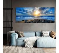 Décoration murale sur toile imprimée, panorama de plage au coucher du soleil sur l'océan, paysage côtier, été (70 x 210 cm/sans cadre)