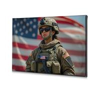 Décoration murale sur toile représentant un soldat debout devant un drapeau américain (30 x 40 cm)