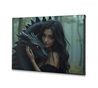 Décoration murale sur toile représentant une femme aux longs cheveux foncés tenant un dragon noir dans une forêt - Décoration de salle de bain (30 x 40 cm)