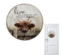 Décoration murale vache Highland, Plaque métal 'Vivre comme si on avait laissé la porte ouverte', Plaque ronde 20x20cm vintage, Cadeau vache Highland pour maison, ferme, salle de bain, cuisine, bar