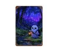 Décoration murale vintage en métal représentant un fantôme mignon avec une lanterne dans la forêt. Idéale pour le salon, la chambre, la salle de jeux, le bureau ou le garage. Dimensions : 30 x 20 cm.