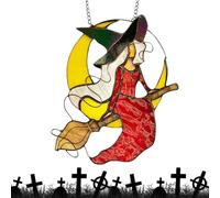 Décoration murale Witch Halloween - Panneau acrylique portable, aspect vitrail - Décoration de lune de sorcière avec chaîne de suspension, élégante gothique pour l'affichage saisonnier de la cuisine