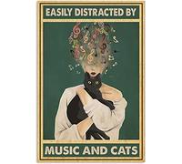 Décoration musicale amusante facilement distraite par la musique et les chats - Affiche décorative vintage - Affiche murale en métal - 20,3 x 30,5 cm