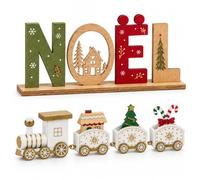 Decoration Noel en Bois, Lot de 2 Ornements de Table, Train et Lettres | Deco Noel en bois à poser pour table, cheminée ou étagère : lettres 22 x 8 cm et train 22,5 x 7,5 cm