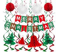 Décoration Noël Vert Rouge Blanc, Kit Décoration Noël en Papier Intérieur avec Banderole Merry Christmas Papier Sapin de Noel Bonnet de Noel, Déco Fête Xmas Suspendu Reusable pour Maison Vitre Fenêtre