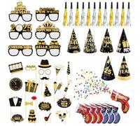 Decoration Nouvel an 2025, 22 Neujahr Photobooth Accessoires, 6 Lunettes Nouvel an, 6 Chapeau Nouvel an, 6 Argent Sarbacane Cotillon, 6 Or Sarbacane Cotillon, 6 Canon Confettis, Happy New Year Deco