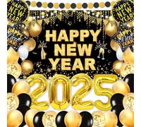 Decoration Nouvel An 2025, XXL Happy New Year Bannière(71 x 44 Pouces), Ballons 2025 Géants(32 Pouces), Ballons Or Et Noir, Ballons En Aluminium, Guirlande Ronde, Decoration Bonne Annee 2025