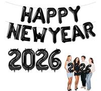 Décoration Nouvel An 2026 - Ballons Aluminium Happy New Year 2026 Noir, 16 Pouces, Set de 2 Ballons, 1 Pipette, 5m Ruban, Réutilisable, Idéal Fête de Réveillon