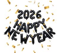Decoration Nouvel An 2026, Bonne Année Ballons Bannière, Decoration Nouvel An, Ballon 2026 Happy New Year et Confettis, 2026 Ballon Géants, Ballons Or et Noir (Noir)